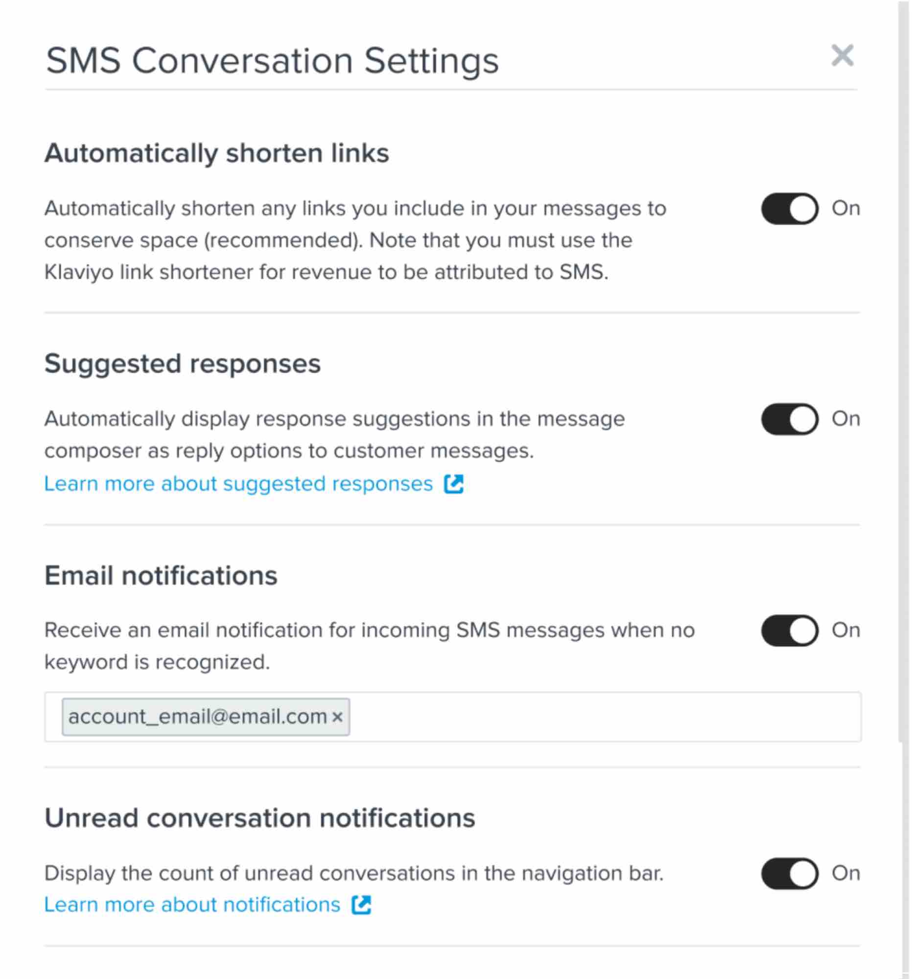 Todos los ajustes de la conversación SMS, incluidas las notificaciones