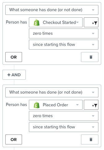 Flow filters with the configuration 'Started Checkout zero times since starting this flow' and 'Placed Order zero times since starting this flow.'