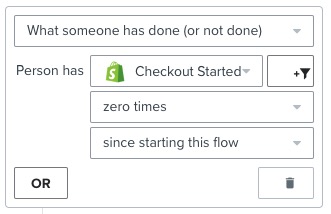 Filtro de fluxo com a configuração 'Checkout iniciado zero vezes desde o início deste fluxo'.