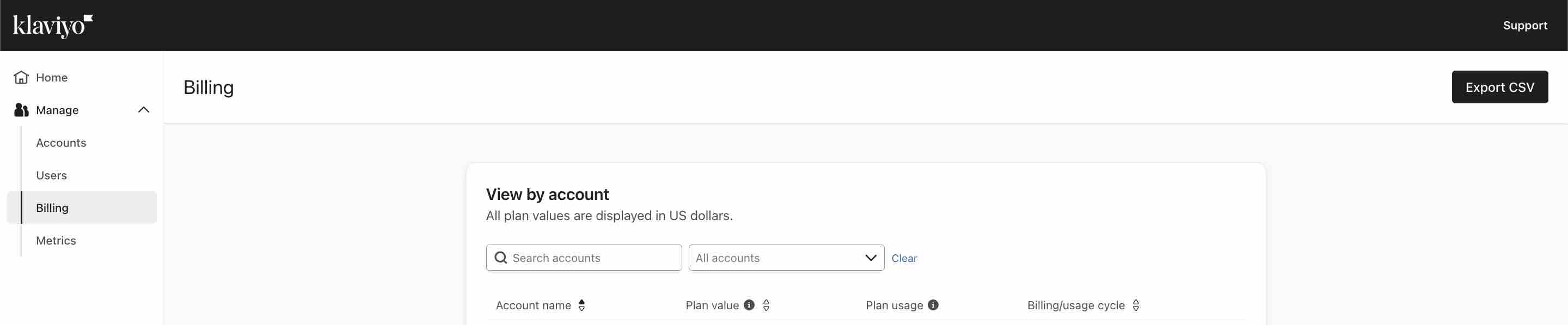 Top of the Billing tab in a portfolio, with the Export CSV button on the far right