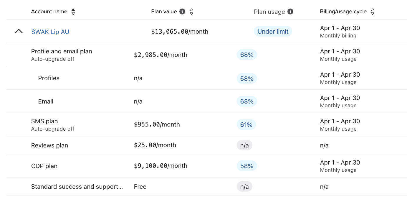 Esempio di visualizzazione del costo e dell'utilizzo per piano in un account