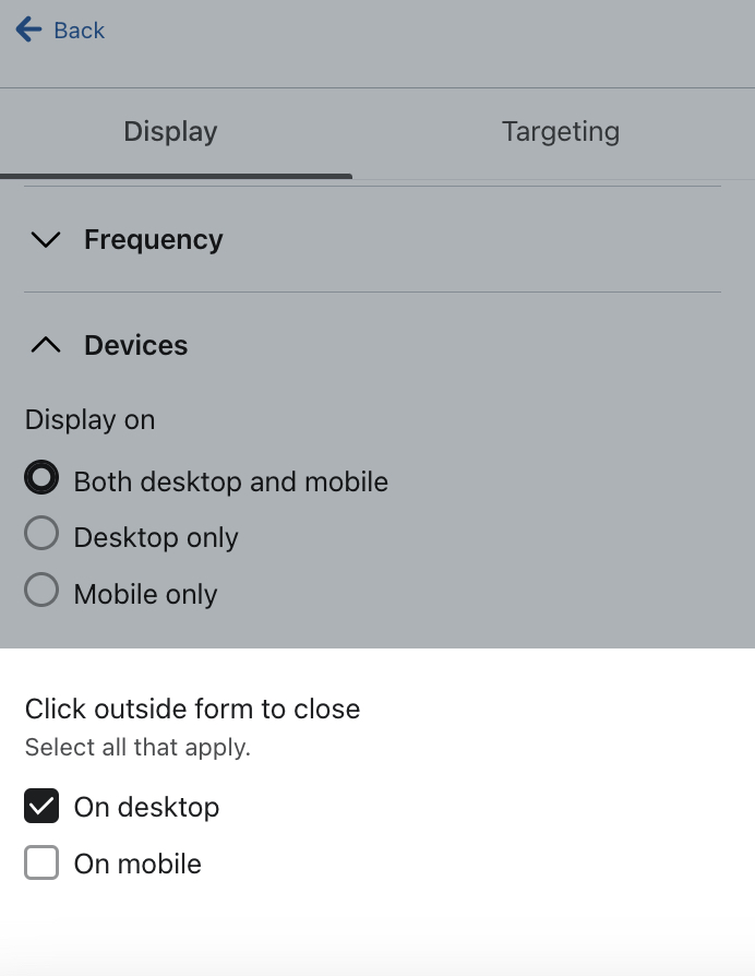 The Click outside form to close menu within the Devices section for an example form showing On desktop toggled on and On mobile toggled off. 