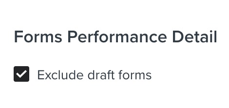 Casilla de verificación Excluir borradores de formularios marcada en la tarjeta Detalle del rendimiento de los formularios