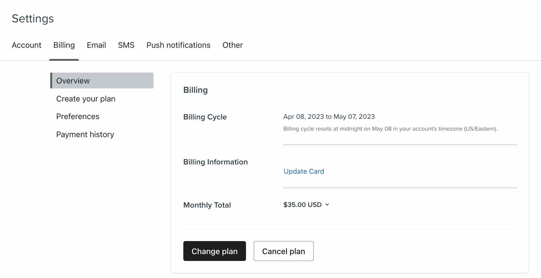 Billing overview page, with your plan limits