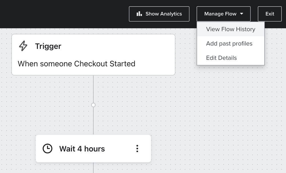 View Flow History option in the Manage Flow dropdown menu.