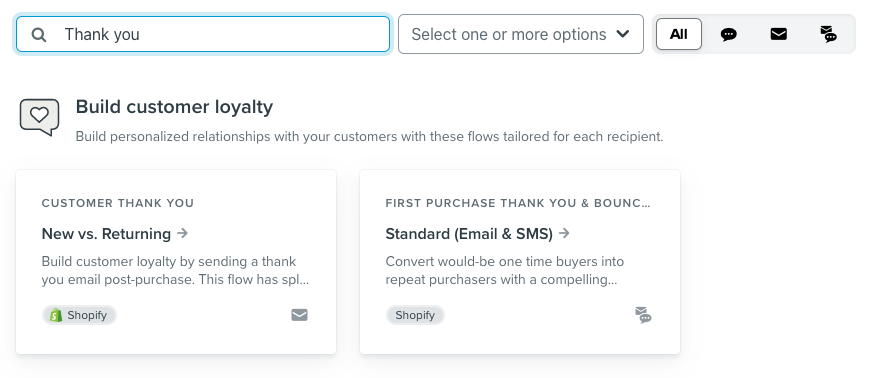 Searching for a thank you flow in Klaviyo's Flow Library
                                                           