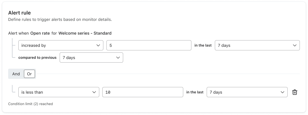 Example alert rule with conditions that must be met to trigger alert