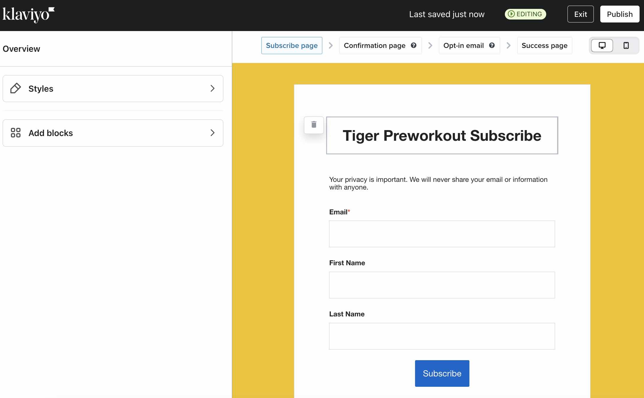 The editor for an example subscribe page where you can customize the page's styles and targeting and behavior settings.