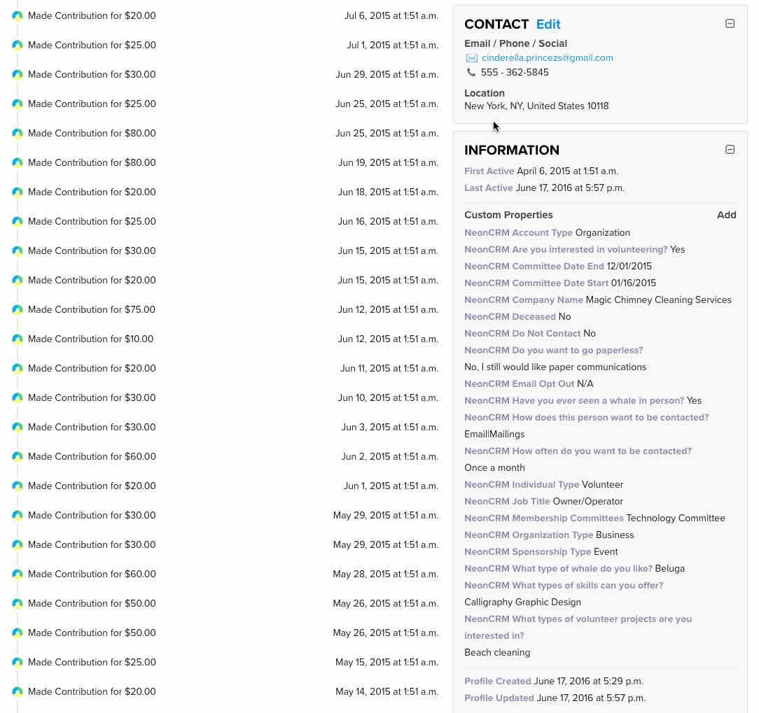 Le informazioni del profilo in Klaviyo mostrano i contributi NeonCRM associati, le informazioni di contatto e le proprietà personalizzate sincronizzate da NeonCRM, come il tipo di account e il titolo di lavoro.