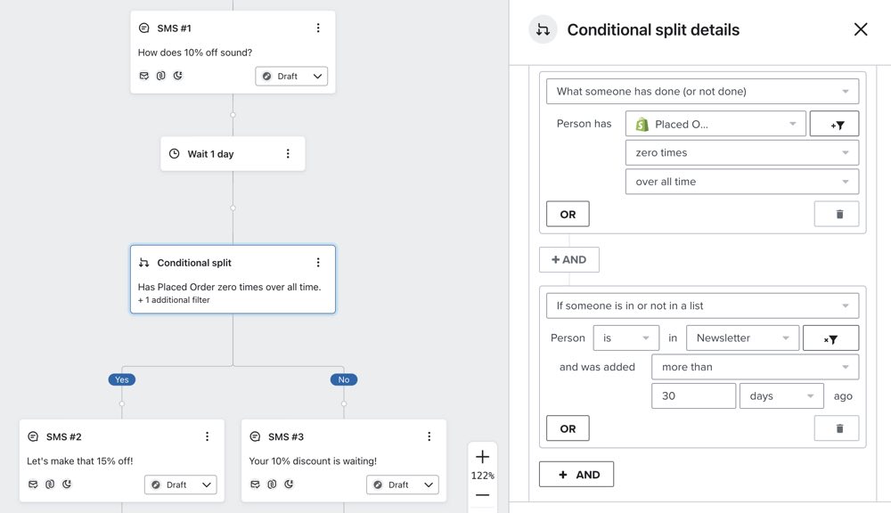 Example conditional split with configuration 'Has Placed Order zero times over all time'