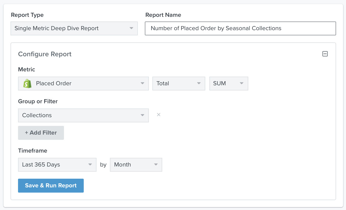 Example of a single metric report with placed order metric, grouped by collections, timefram 365 days, and grouped by day