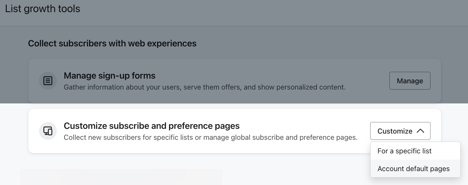 Selecting Account default pages from beneath Customize subscribe and preference pages on the Growth tools tab.