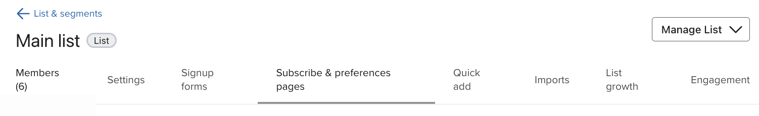 The Subscribe & preferences pages tab selected in the menu bar of a specific list's page.