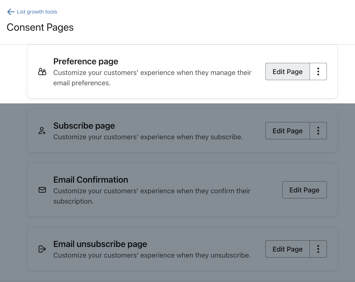 Sur la page Consent pages, l’utilisateur sélectionne Edit page dans la zone Preference page.