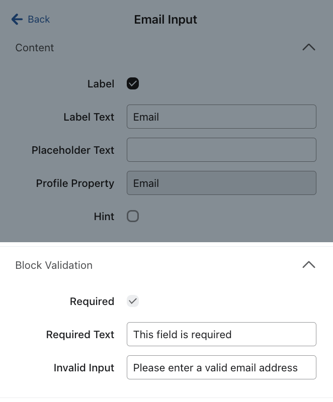 La sezione di convalida del blocco all'interno del menu Testo, dove puoi personalizzare la lingua del Testo obbligatorio e dell'Input non valido.