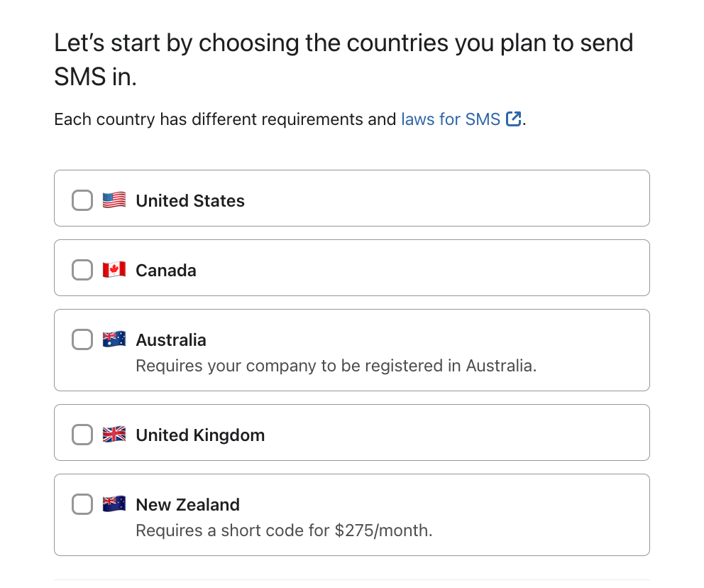 Paso para elegir los países a los que desea enviar SMS