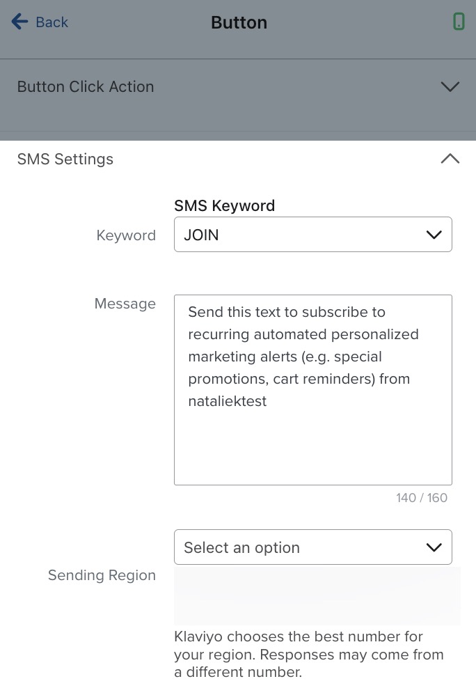 The SMS Settings menu that appears when a button click action is set to Subscribe via SMS.