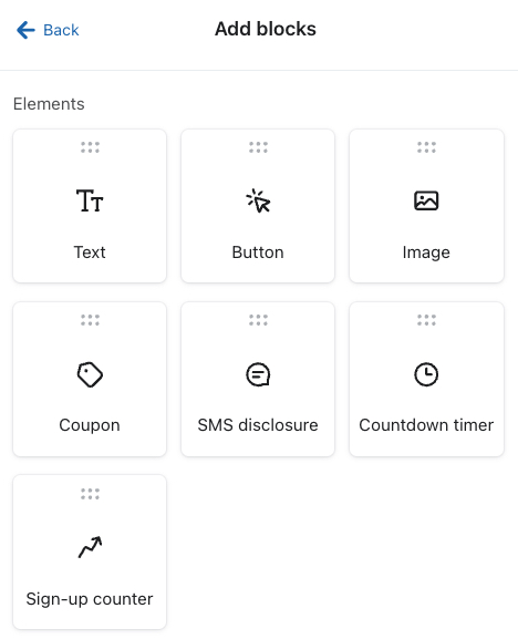 Il menu di opzioni dell'elemento all'interno della scheda Aggiungi blocco nell'editor di moduli.