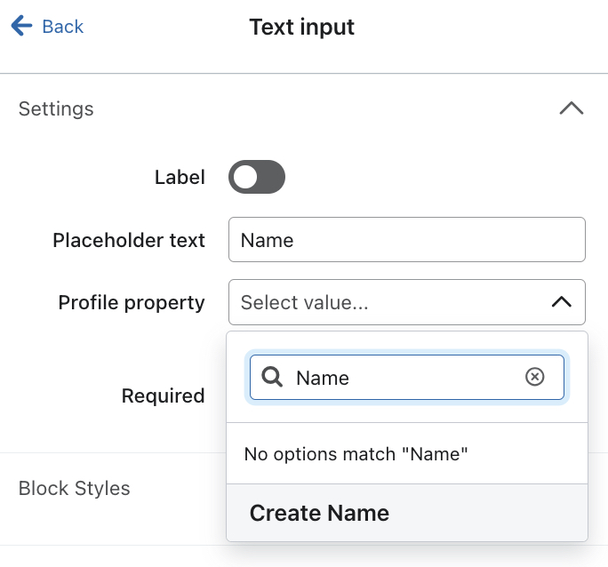 O menu suspenso Profile Property, no qual o senhor pode selecionar ou criar uma propriedade para acompanhar um campo de entrada adicionado.