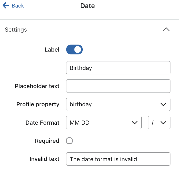 O menu Data que aparece quando o senhor adiciona um campo de entrada de data a um formulário de inscrição.