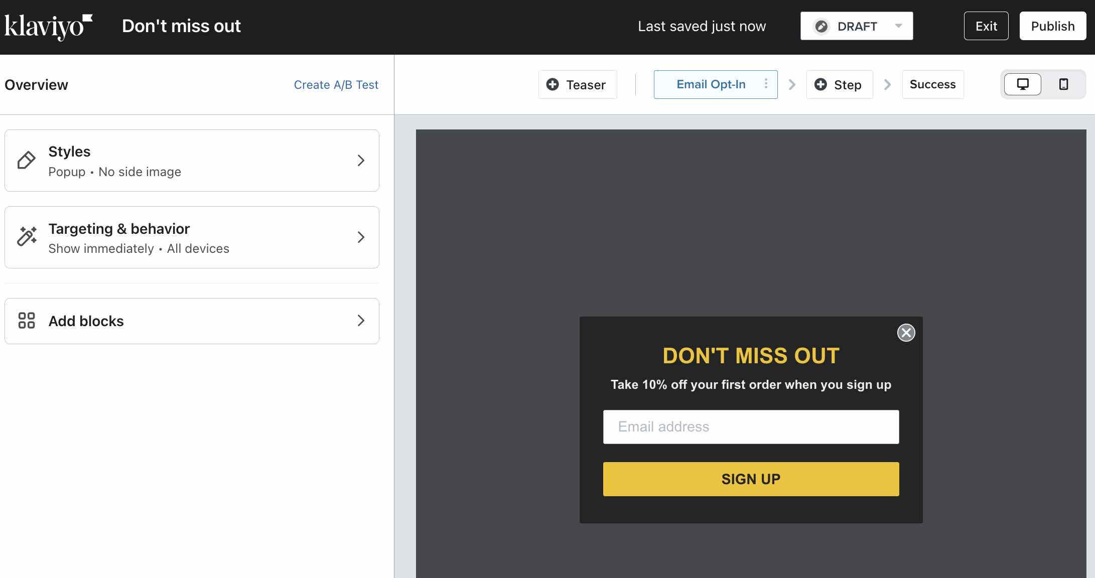 The sign-up form editor for an example popup form where you can customize the styles, block content, and targeting or behavior settings.