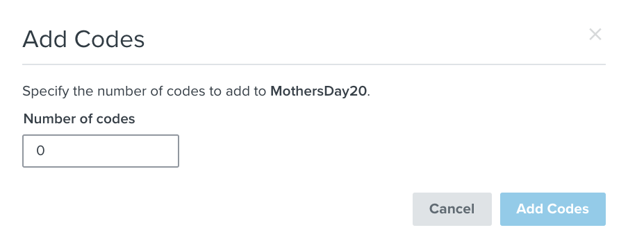 La fenêtre modale Add Codes dans laquelle vous pouvez spécifier le nombre de codes supplémentaires à ajouter à une réduction