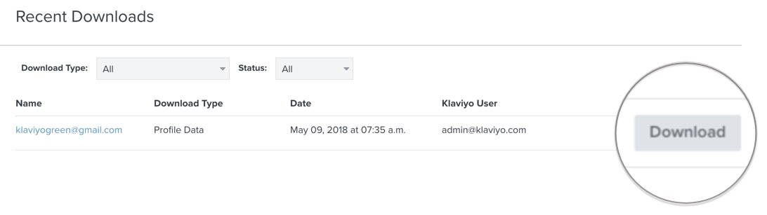 The Klaviyo download page where you can click download to export your profile data as a .zip file.