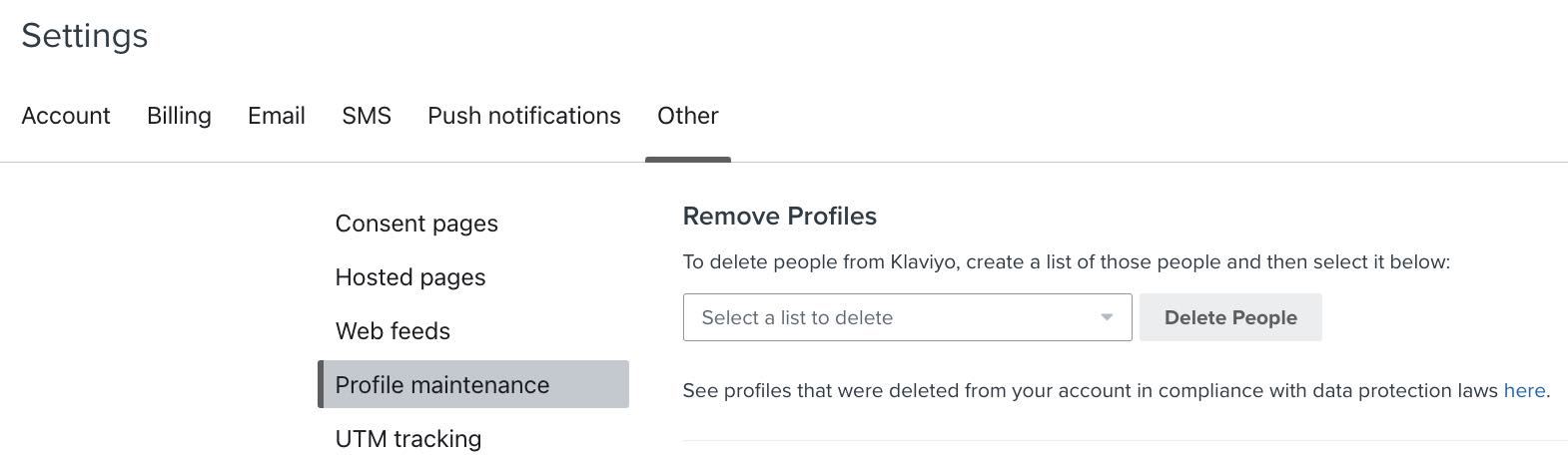 Profile maintenance tab in Klaviyo showing the remove profile feature