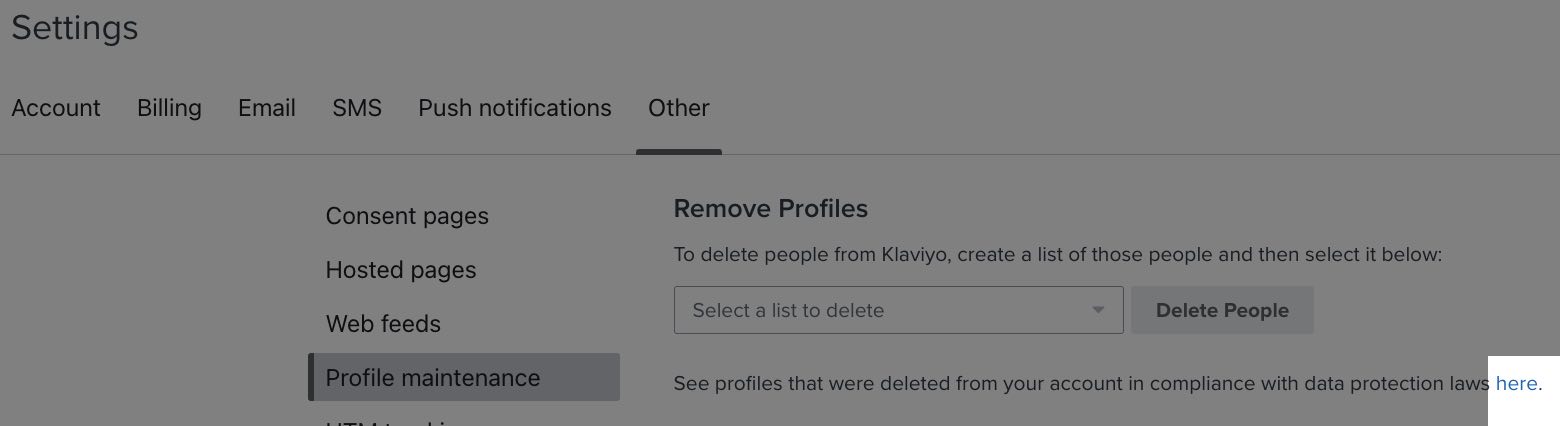 Profile maintenance tab in Klaviyo highlighting the link to see profiles removed from your account