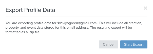 A Klaviyo modal prompting you to confirm the export of your profile