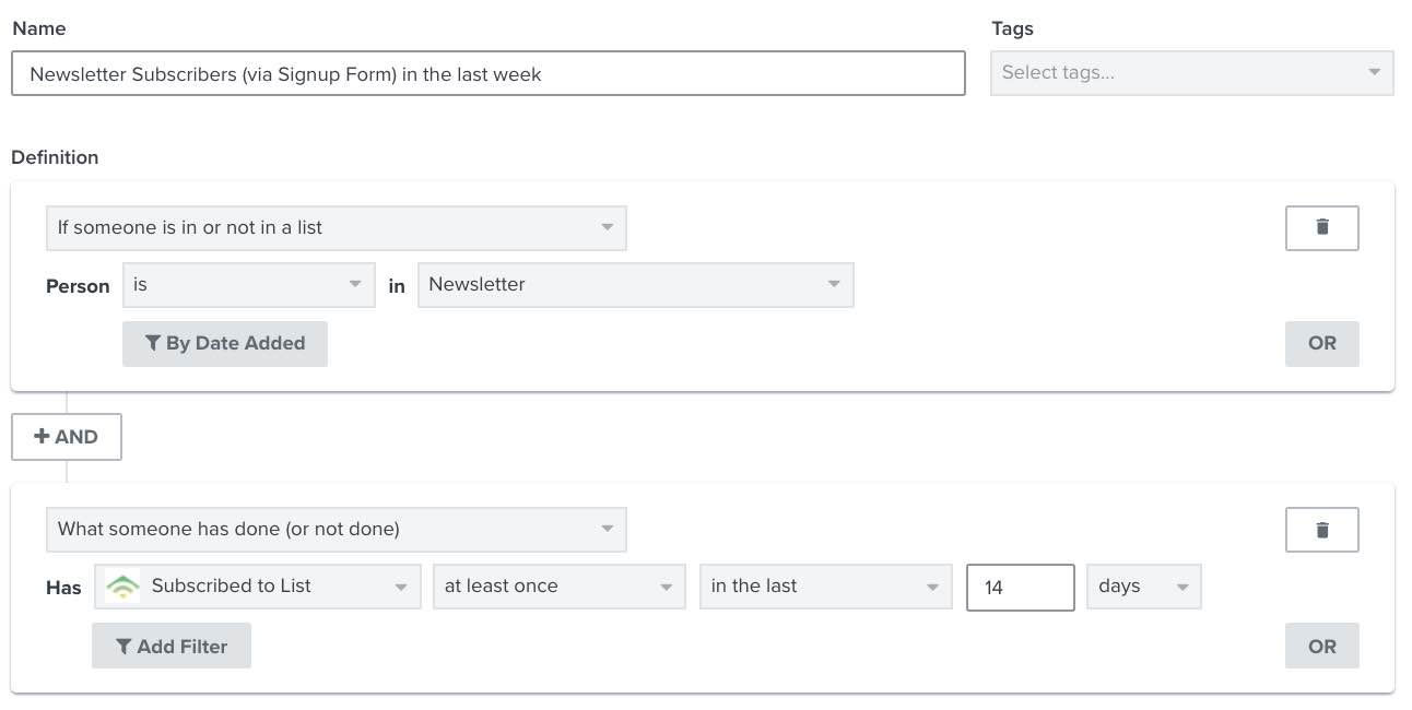 Example of a segment setup with someone on the newsletter list and having subscribed to the list within last 14 days