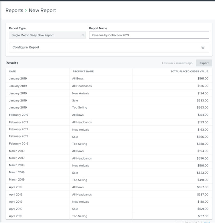 New run single metric report with results below and export button in upper right