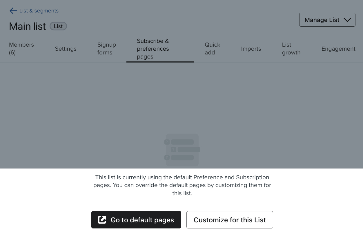 The Subscribe and preferences tab for a specific list with the option to Customize for this list being selected.