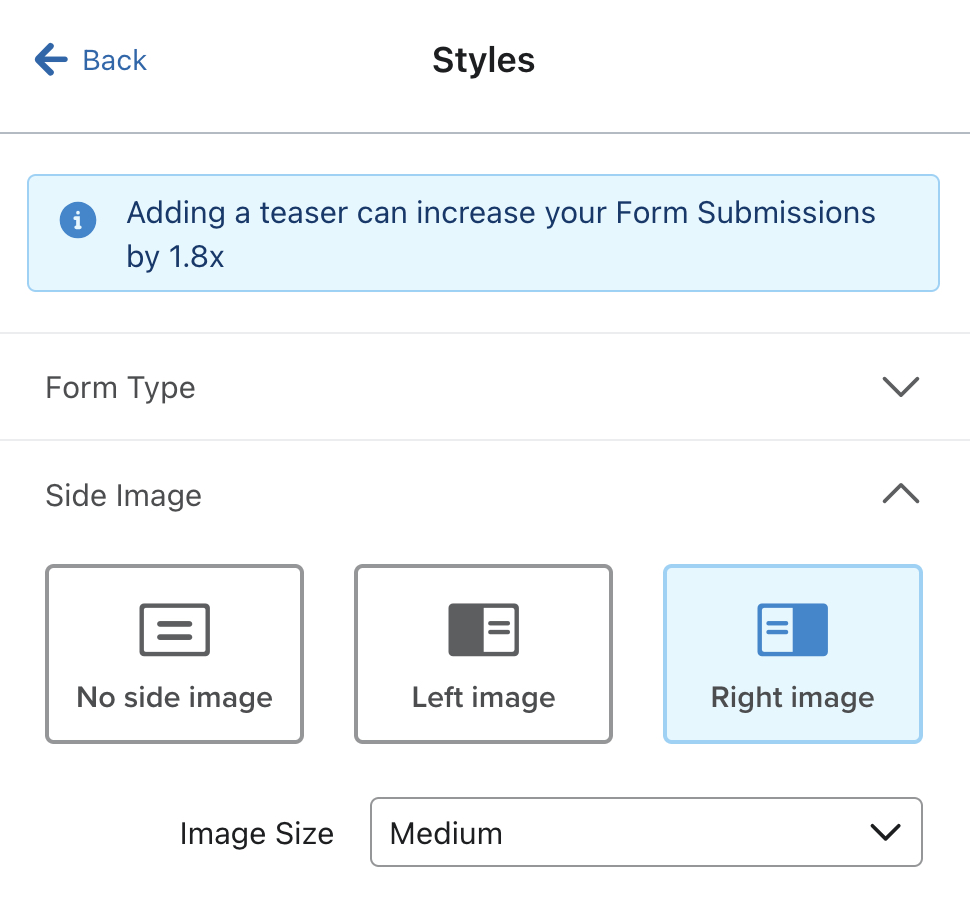 The Side Image section of the Styles tab showing an example form's side image set to display on the Right.