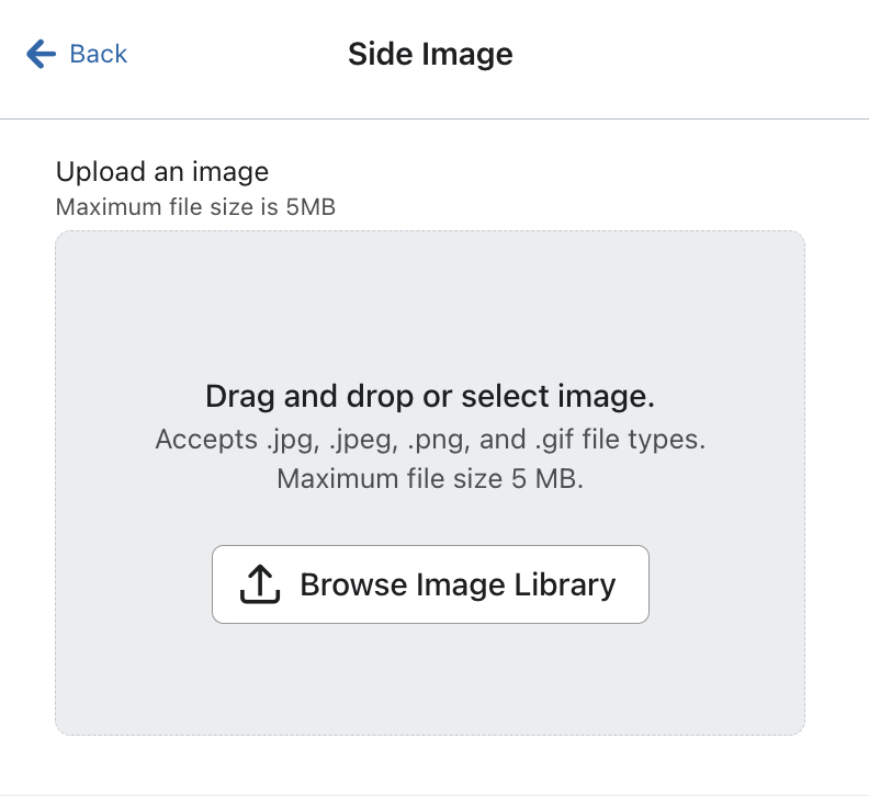 The Upload an image menu that shows when you click the empty image placeholder where you can click Browse Image Library.