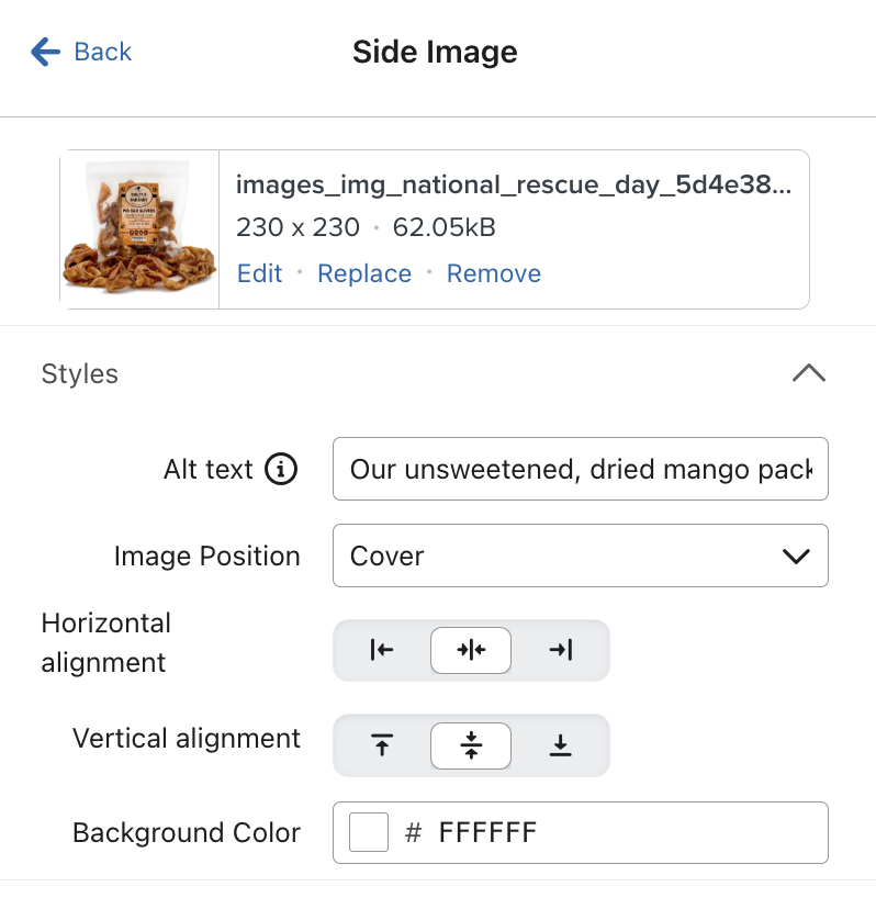 The Styles section of the Side Image settings where you can add alt text, set Image Position, choose alignment, and set a background color.