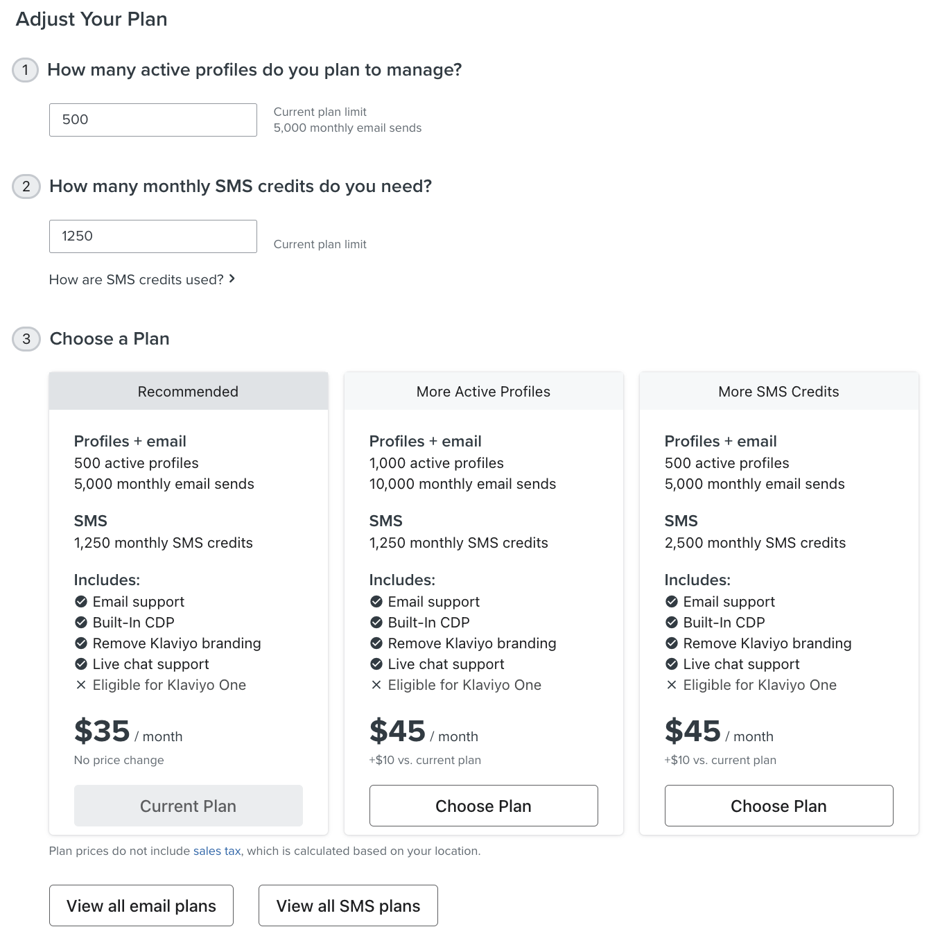 Page Create your plan dans la section Billing, où vous pouvez changer d’abonnement