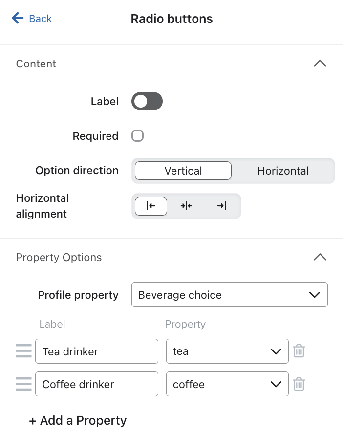 The radio button menu in the form editor showing an example radio button collecting a beverage choice profile property.