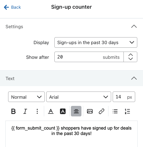 The Sign-up counter block menu within the form editor showing an example form set to show Sign-ups from the past 30 days after 20 submits.