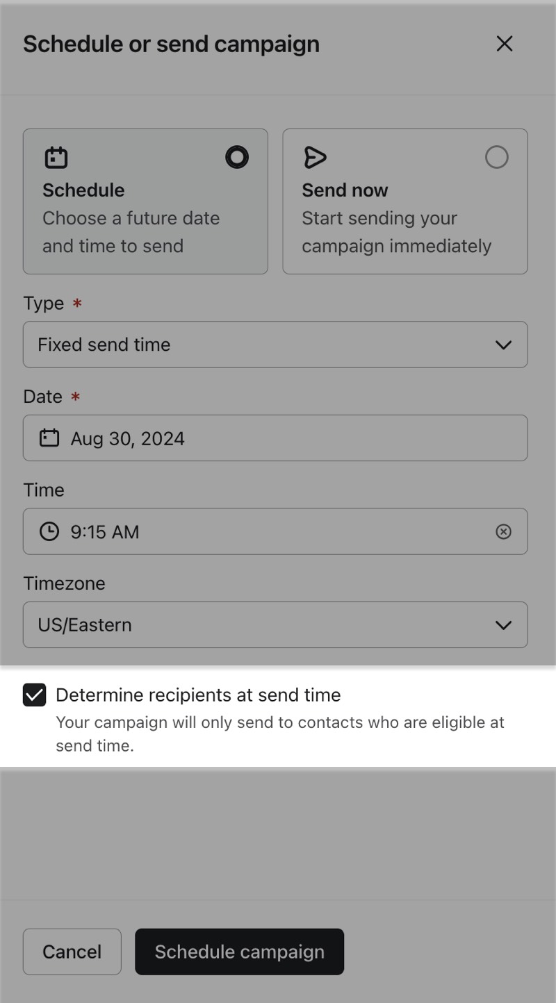 The determine recipients at send time setting is toggled on