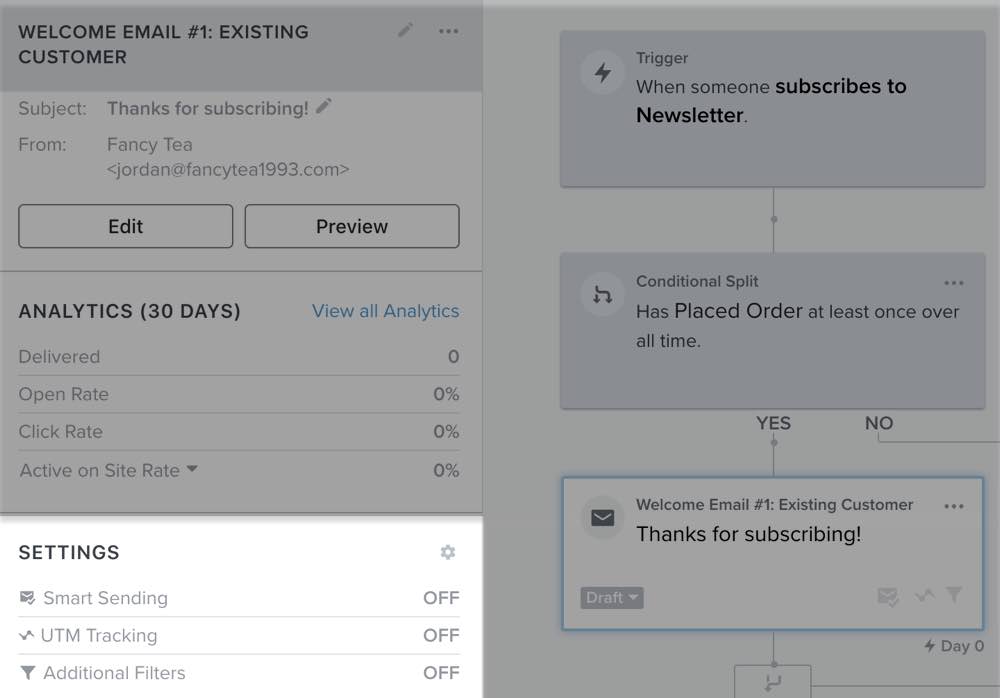 Flow message settings found in the left sidebar of the flow builder after clicking on a message.