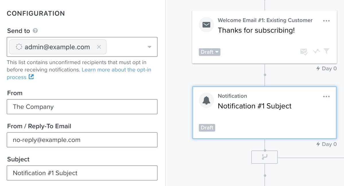 Configuração da ação de notificação mostrada na barra lateral esquerda após clicar em uma notificação.