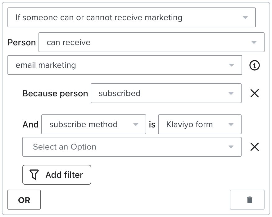 Filter for 'person cannot receive email marketing' with subscribe method