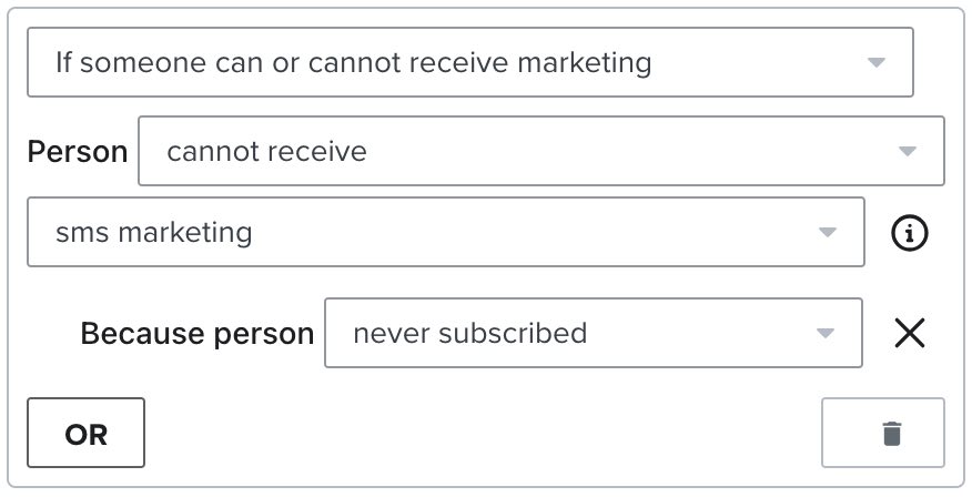 Filter for 'person cannot receive SMS marketing' and never subscribed