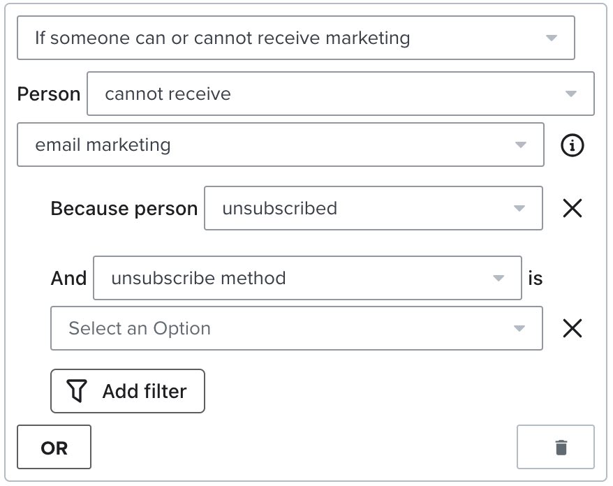 Filter for 'person cannot receive email marketing' and unsubscribe method