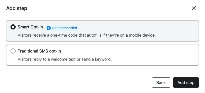 The Add Step modal showing the Smart Opt-in option selected.