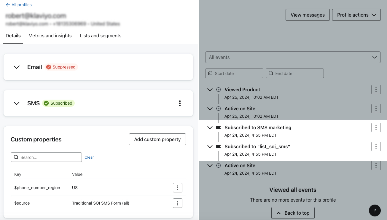 An example Klaviyo profile showing a Subscribed to SMS Marketing event logged, as well as a Subscribed consent status next to SMS.