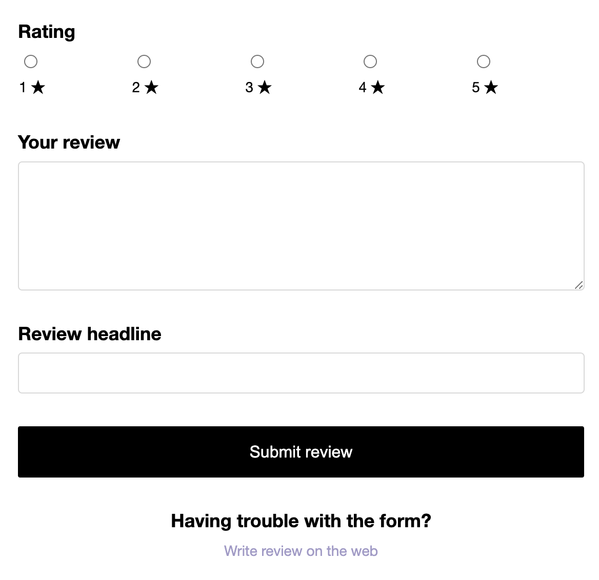 Um exemplo do formulário de coleta de avaliações por e-mail