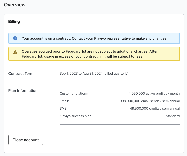 Example of the billing overview page for an account on contract billing