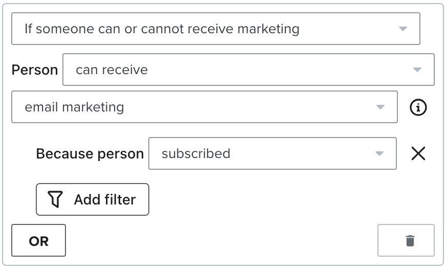 New filter for 'person can receive email marketing' with a filter for 'person subscribed'